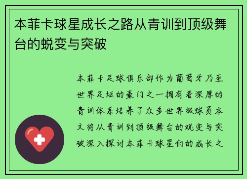 本菲卡球星成长之路从青训到顶级舞台的蜕变与突破